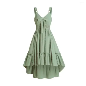 Casual Dresses Women Swiss Dots Midi Dress Dip Hem Light Green Tie Knot V Neck O Ring Sleeveless Sundress