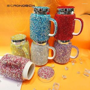 Tassen SCAONORCH Funkelnde Strasssteine Kaffeetasse Tasse mit Deckelgriff Bling Diamant Keramik Teebecher Wasserflasche Glitzer