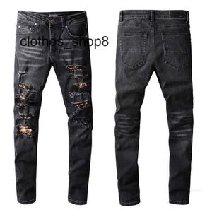 Denim amiirs jeans designer calças homem outono moda nova mens preto laço bordado remendo elástico magro ajuste leggings 0y0r