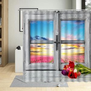 Cortinas de chuveiro 3d janela cenário cortina ganchos jardim flor planta tulipa paisagem natural casa decorar banheiro poliéster conjunto