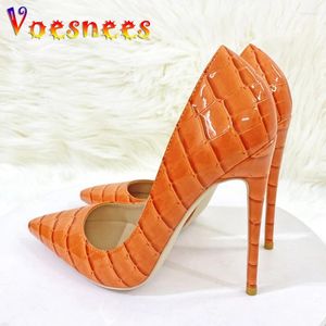 Sapatos de vestido plus size laranja cobra padrão salto alto 12cm moda pontiaguda festa europa e américa estilo nightclub bombas femininas