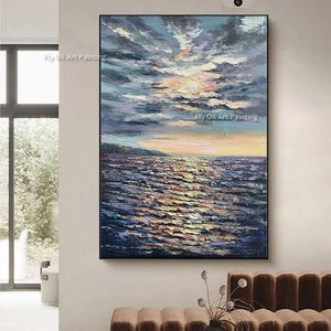 Sunset Sea Ripples Canvas Art Art sem moldura pintada à mão pintada à mão Abstract Ail Painting Art Decoração de parede de parede de obras de arte texturizadas MURO