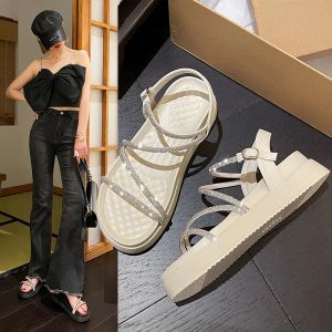 Sandals Clear Heels 2023 Sandals Ladies Shoes Summer Med Suit Female Beige New Comfort Girls Fashion Rhinestone Strap Medium Beac