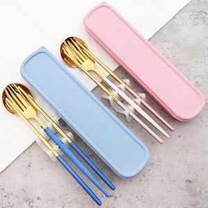 Dinnerware Sets Gold Set Gold Travel Camping Cutlery Fork Spoon Pauzinhos de mesa com caixa de aço inoxidável portátil