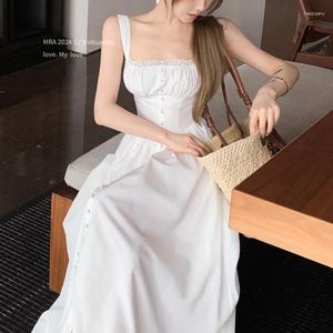 Casual Dresses Korean Lace Splicing Pleated Elegant Sling Dress Women 2024 Summer Off-shoulder Sexy Single-breasted Mid-length