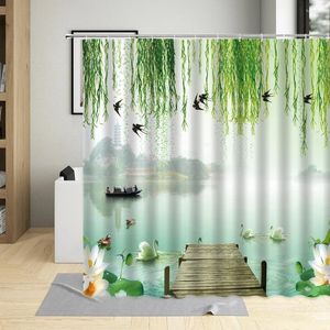 Cortinas de chuveiro cenário natural cisne koi cortina árvore verde planta lago rio paisagem banho decoração conjunto de pano de poliéster com ganchos