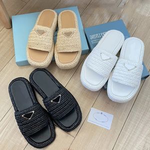 Yaz kadın sandal saman örgü sandale platform terlik gladyatör sandels siyah beyaz havuz slaytlar deri moda kadın plaj ayakkabıları