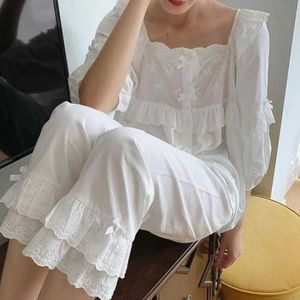 Seksi pijamalar Ev Nightwear Kadınlar Sonbahar Beyaz Pamuk Pijama Setleri Vintage uzun kollu sevimli uyku üstleri dipler pantolon kawaii pijama pijamalar 240330