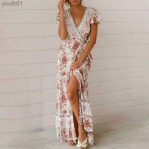 Podstawowe sukienki swobodne Kobiety Sexy 2021 w dziewiątce nadruk w kwiatach w dniu w dekolcie Summer boho sukienka damska odzież vintage plaż