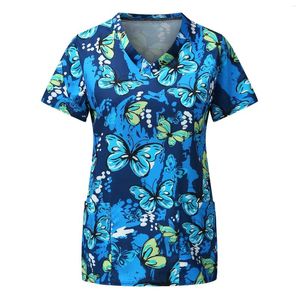 Mulheres Camisetas Senhoras Uniforme Manga Curta V-Pescoço Workwear Flor Impressão Mulher Trabalhando Casual Clínica Blusa de Enfermagem