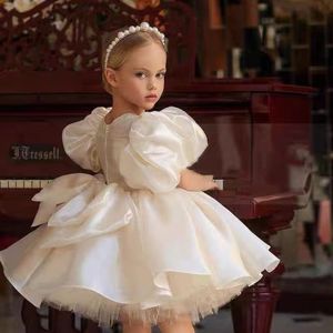 INS Girls birthday party dresses with pearls hair sticks 2pcs Ball Gown kids Bows puff sleeve lace tulle dress palace style children white princess clothes Z0960