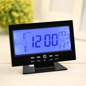 Bordklockor LCD -skärm Digital inomhusfuktighet Monitor Electronic Display Temperatur Voice Control Alarm Clock Calendar