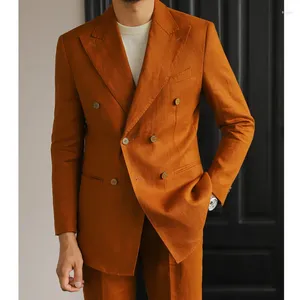 Men's Suits Luxury Linen Double Breasted Italian Suit For Versatile Slim Fit Business Lapel Collar Retro Green Brown 4 Colors