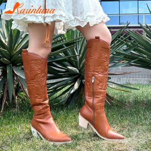 Boots Cowgirl Western Boots 2023 Hot Fashion Pointed Toe Brodery Vintage Style Country Kneehigh Boots Retro Dress Comfort Walking