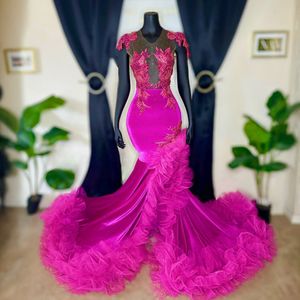 2024 Fuchsia Prom Dresses For African Black Women Evening Illusion Sheer Neck Beaded Lace Pleated Tulle Side Split Birthday Party Dress Vestido De Sorrie Am653