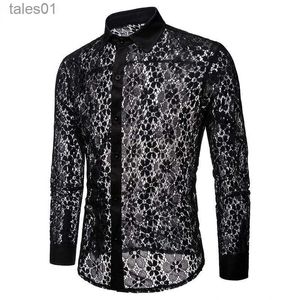 Homens Plus Tees Polos Luxo Floral Bordado Camisa de Renda Homens Nova Marca Transparente Sexy Camisas de Vestido Mens Ver Trough Club Party Preto Masculino yq240401