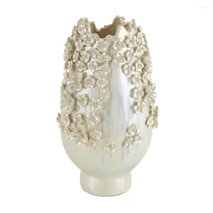 Vaser Flower Vase 16 Floral 3D Cream Ceramic med iriserande Glaze Decoration Hemdekorationer Rumdekor Trädgård