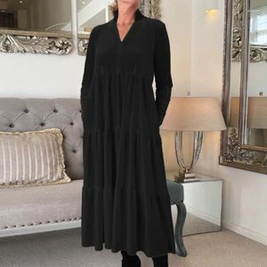 Casual Dresses Female V-neck Pleated A-Line Party Dress 2024 Spring Elegant Solid Loose Boho Long Autumn Sleeve Women