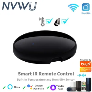 Controlla Tuya Smart WiFi IR con sensore di umidità della temperatura per l'automazione domestica intelligente per il condizionatore d'aria, TV, supporto Alexa, Google Home