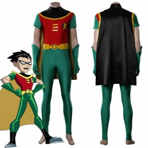 Trajes Adolescentes Titãs Robin Cosplay Traje Macacão Roupa de Halloween Capa