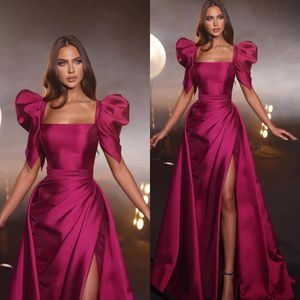 Rosy Pink Evening Dresses Square Neck Split Party Prom Dress Pleats Formal Long Red Carpet Dress for special occasion