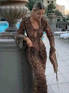 Basic Casual Dresses HOUZHOU Sexy Leopard Print Long Women Lace-up V-neck Ruffle Edge Split Slim Sleeve Party Dress Elegant Streetwear yq240402