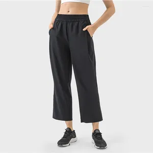 Aktiva byxor Solid Color Fitness Sweatpants Kvinnor Hög midja Sport Löst rakt ben Yoga Leging som kör avslappnade byxor med fickan