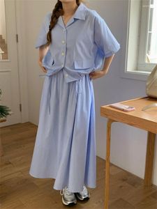 Work Dresses Alien Kitty Blue Women Shirts Wear Stripes Oversize Long Skirts Sweet OL Summer Two Pieces Suits Office Lady Casual