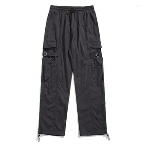 Calça masculina de verão chinlon helicm homens grandes cargo de bolso moda de rua coreana colheita de punho de punho de punhal de fundo masculino masculino