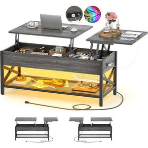 Aheaplus Lift Top Coffee Center Stół z światłem LED i gniazdkiem elektrycznym - Nowoczesny stół z półką do przechowywania do salonu - Lift Tabletop x Wsparcie Metal Ramka Czarna dąb