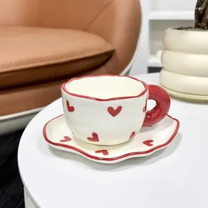 Tumblers Ins Style Coffee Tea Milk Mug With Dish Set Ceramic Cups Red Heart Pattern Cute Gift For Girls Drinking