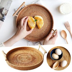 Storage Bottles Rattan Round Serving Tray Hand Woven With Handles Wicker Basket For Food Containers Meal Prep