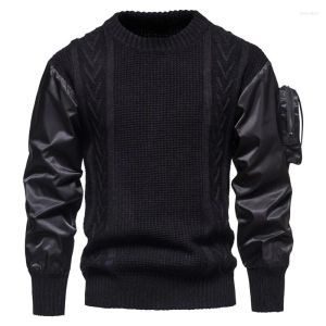 メンズセーター2023高品質のセーターニットユーロサイズプラバーパッチワークスリーブプラチカルアームポケットファッション男性ヴィンテージドロップデビューDH0FG