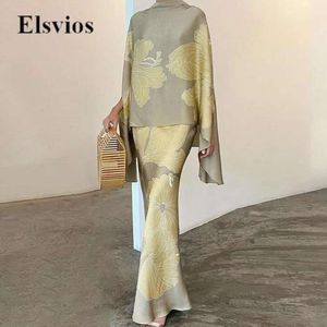 High Fashion Pendling Satin Set Elegant Batwing Sleeve Tops Blus Slim Long Kjol Outfits Women Casual Loose Two Piece Suits