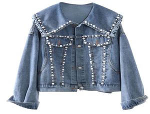 Harajuku denim ceket kadınlar bahar sonbahar yeni moda boncuk donanma yaka yıkanmış kısa kot ceket bayanlar gevşek denim ceket h473968456160