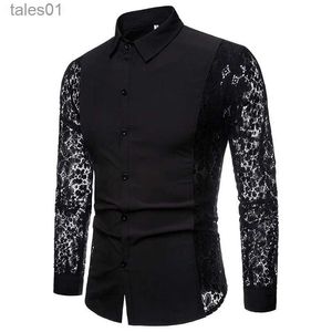 Homens Plus Tees Polos Mens Night Club Malha Ver Através Camisas de Manga Longa Botão Para Baixo Sexy Renda Camisa Floral Homens Harajuku Casual Chemise Homme yq240401