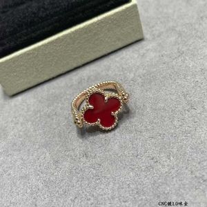 Brand Hot Selling Original Clover Double Sided Flower Red Agate Women's Lucky Ring 18K Rose Gold Folding Light Luxury Jewelry With Velvet Box