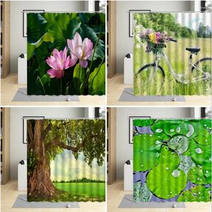 Duschgardiner Spring Plant Landscape Curtain Tree Lotus Green Leaf Grassland Mountain Bicycle Natural View Badrums hängande uppsättning