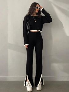 Menströjor Casual Knit Two Piece Set Women Loose Paneled O-Neck High midjebyxa Suits Female Spring Long Sleeve Ladies Suit Dro Dhwmu