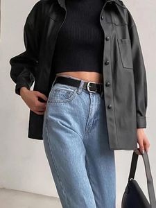 レディースレザーの春と秋のファッションカジュアルシンプルな黒いシャツ汎用性のあるポロカラーコート
