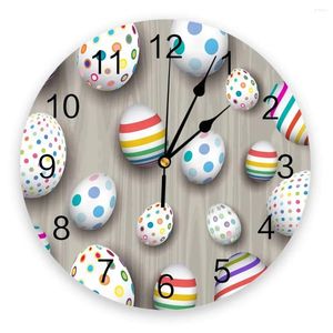 Relógios de parede Ovos de Páscoa Grão de Madeira Fundo Impressão Relógio Arte Silenciosa Não Ticking Relógio Redondo para Decoração de Casa Presente