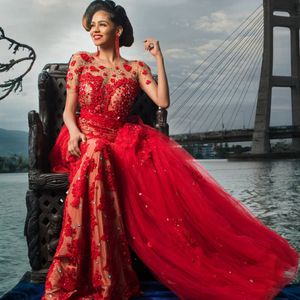 2024 Red Evening Dresses Elegant Prom Dresses for Black Women Short Sleeves Appliqued Beaded Lace With Detachable Train Birthday Party Dress Reception Gowns AM662