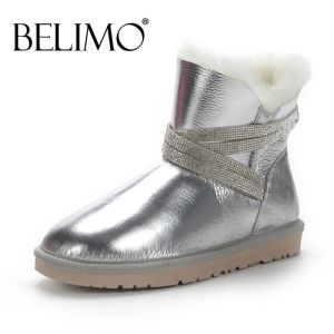 Buty Belimo Wodoodporne owczepki skórzane wełniane wełniane futro Krótkie zimowe buty Kobiety kostki śniegowe srebrny kryształowy pasek