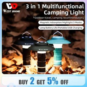 WEST BIKING Portable Camping Light 3 In 1 Multifunctional Outdoor LED Flashlight USB Charging Emergency Lamp Hanging Tent Light 240329