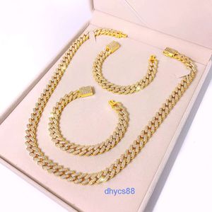 New Fashion Mens Brass Chain Necklace and Bracelet Set Full Diamond Encrusted Cuban Link Trendy Hip-hop Style Jewelry