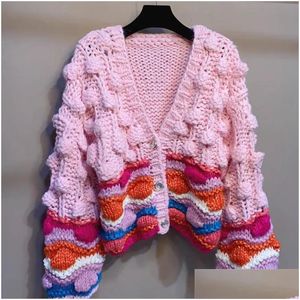 Womens Knits Tees Cardigan Sweater Rainbow Color Preguiçoso V-Neck Grosso Agulha Hand-Woven Three-Nsional Hook Flower Knit 240219 Drop Dhzq8