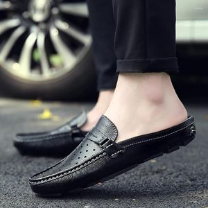 Casual Shoes Summer Mens Slippers äkta läder andas Half Drag Men Luxury Loafers Outdoor Slip On Flats