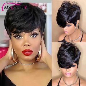 Synthetic Wigs Mini Pixie cut Remy human hair wig ready to wear glue free straight natural color full machine made Bob wig with bangs Y240401