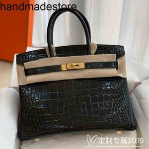 Leather Bk Handbag Designer European and American High-end Handmade Platinum Bag 25/30 Wax Line Crocodile Womens Buckle Small