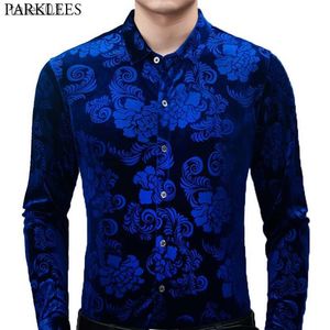 Camicia da uomo Plus Tees Polo Royal Blue Velvet Velluto da uomo 2022 Primavera New Slim Fit Manica lunga da uomo Camicie eleganti floreali Casual Button Down Chemise 2XL yq240401